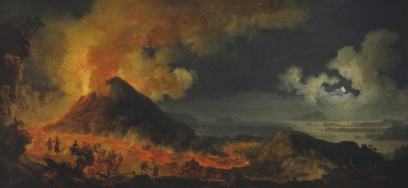 A night painting of Vesuvius in full eruption, a column of fire and smoke over the dark bay, tiny figures watching from the shore